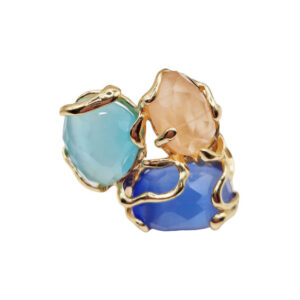 Anello in Ottone su base Argento con tre Pietre Occhi di Gatto Regolabile (ANOT3P4)