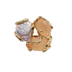 Anello in Ottone su base Oro con tre Pietre Occhi di Gatto e Maiorca Regolabile (ANOT3P5)