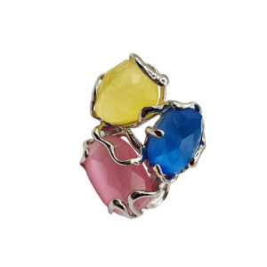 Anello in Ottone su base Argento con tre Pietre Occhi di Gatto Regolabile (ANOT3P22)