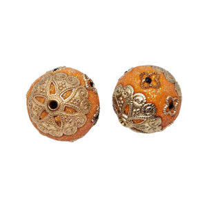 Perle in Ceramica Lavorate Stile Barocco Arancio con Glitter su Base Oro 25mm