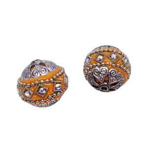Perle in Ceramica Lavorate Stile Barocco Arancio su Base Silver 20mm