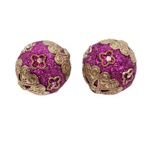 Perle in Ceramica Lavorate Stile Barocco Fucsia con Glitter su Base Oro 25mm