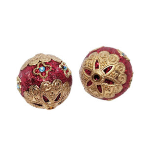 Perle in Ceramica Lavorate Stile Barocco Rosso con Glitter su Base Oro 25mm