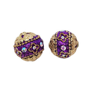 Perle in Ceramica Lavorate Stile Barocco Viola con Glitter su Base Oro 20mm