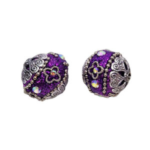 Perle in Ceramica Lavorate Stile Barocco Viola con Glitter su Base Silver 20mm
