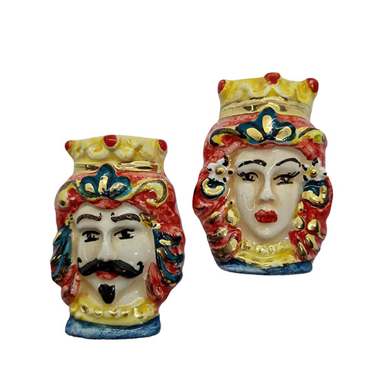 Ceramica di Caltagirone Teste di Mori Re e Regina Frutta Foglia Oro 40x57mm (109)