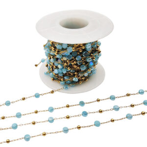 Catena Rosario in Acciaio Sottile 1x2mm Oro con Cristalli Acqua Marina 4mm