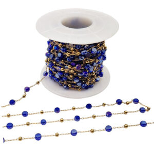 Catena Rosario in Acciaio Sottile 1x2mm Oro con Cristalli Blu 4mm
