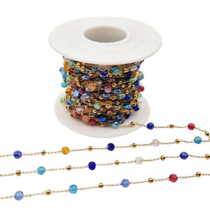 Catena Rosario in Acciaio Sottile 1x2mm Oro con Cristalli Multi Color 4mm