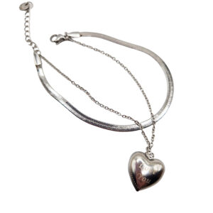 Bracciali in Acciaio Due in Uno Modello Snake e Catena con Ciondolo Cuore Silver 17,5cm