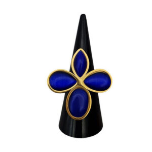 Anello in Acciaio Regolabile su Base Oro con Pietre Occhi di Gatto Blu (ANAC344-B)