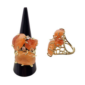 Anello in Ottone Regolabile su Base Oro con Pietre Occhi di Gatto Arancio con Zirconi (ANOT346)