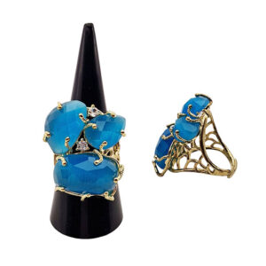 Anello in Ottone Regolabile su Base Oro con Pietre Occhi di Gatto Azzurro con Zirconi (ANOT345)