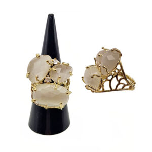 Anello in Ottone Regolabile su Base Oro con Pietre Occhi di Gatto Bianco con Zirconi (ANOT347)