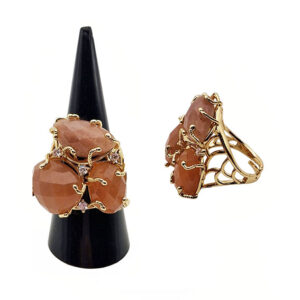 Anello in Ottone Regolabile su Base Oro con Pietre Occhi di Gatto Pesca con Zirconi (ANOT348)