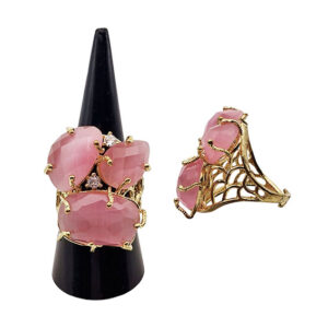 Anello in Ottone Regolabile su Base Oro con Pietre Occhi di Gatto Rosa con Zirconi (ANOT349)