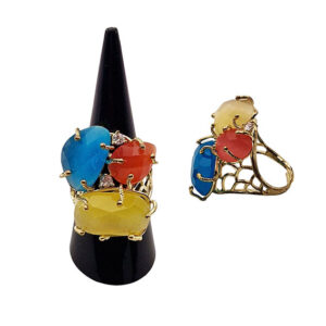 Anello in Ottone Regolabile su Base Oro con Pietre Occhi di Gatto tre Colori con Zirconi (ANOT352A)