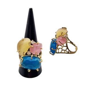 Anello in Ottone Regolabile su Base Oro con Pietre Occhi di Gatto tre Colori con Zirconi (ANOT352R)