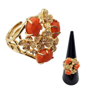 Anello in Ottone con Pietre Arancio in Resina e Fiore con Zircone Incastonati (ANOT341)