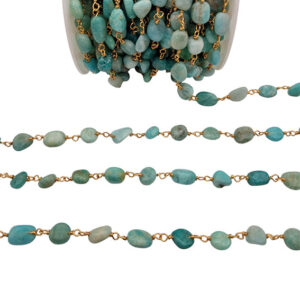 Catena Gioiello tipo Rosario in Ottone su base Oro con Pietre Dure Irregolari Verde Acqua 8/12mm