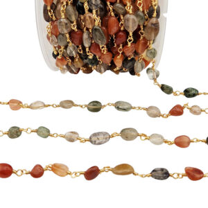 Catena Gioiello tipo Rosario in Ottone su base Oro con Pietre Dure Irregolari Verde-Ambra 5/10mm