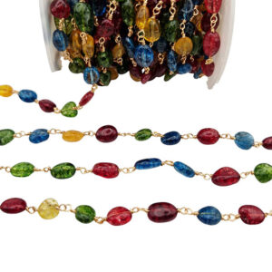 Catena Gioiello tipo Rosario in Ottone su base Oro con Pietre Dure Multi Colore Irregolari 8/10mm