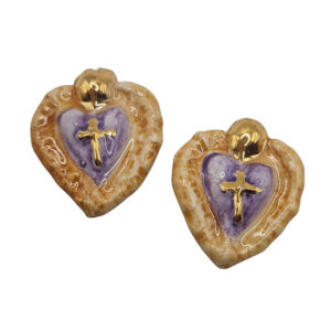 Ceramica di Caltagirone Cuore Sacro Arancio con Croce Oro 30x44mm (CTCR-096-AR)