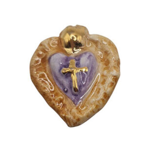 Ceramica di Caltagirone Cuore Sacro Arancio con Croce Foglia D'Oro 32x40mm (CTCR-097-AR)