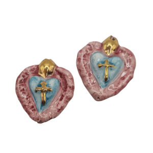 Ceramica di Caltagirone Cuore Sacro Glicine con Croce Oro 30x35mm (CTCR-096-GC)