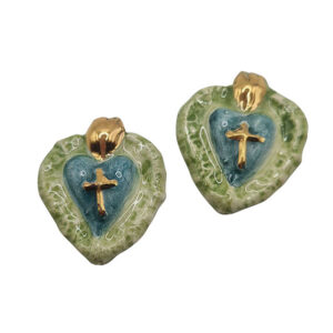 Ceramica di Caltagirone Cuore Sacro Verde con Croce Oro 30x35mm (CTCR-096-VD)