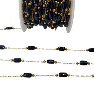 Catena Gioiello tipo Rosario in Acciaio su base Oro con Pietre in Vetro Nero 4x7mm (CTACRS083)