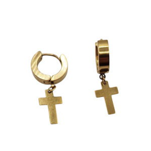 Orecchini in Acciaio Tondi Modello Piatto Oro con Pendente a Croce 3X12mm (ORAC018-O)