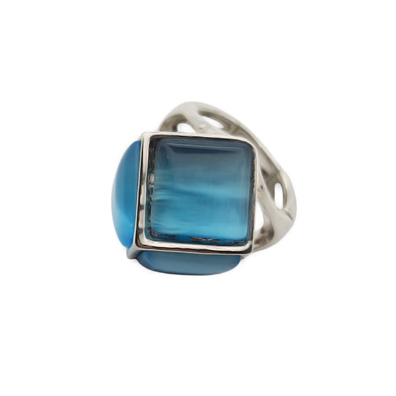 Anelli in Ottone su base Argento Con Pietre a forma di Cubo in Vetro Azzurro con Elastico (ANOT031-AZ)
