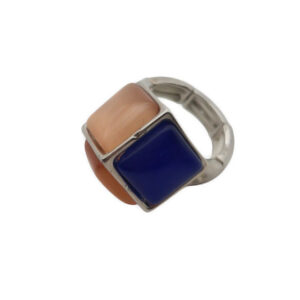 Anelli  in Ottone su base Argento Con Pietre a forma di Cubo in Vetro Blu e Pesca con Elastico (ANOT033-BP)