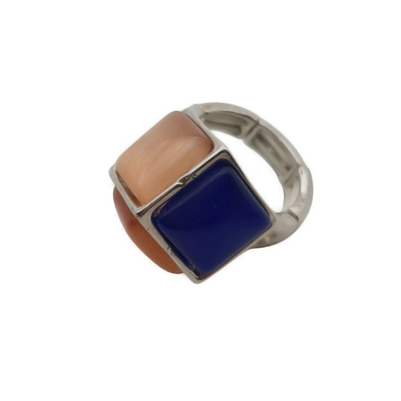 Anelli in Ottone su base Argento Con Pietre a forma di Cubo in Vetro Blu e Pesca con Elastico (ANOT033-BP)