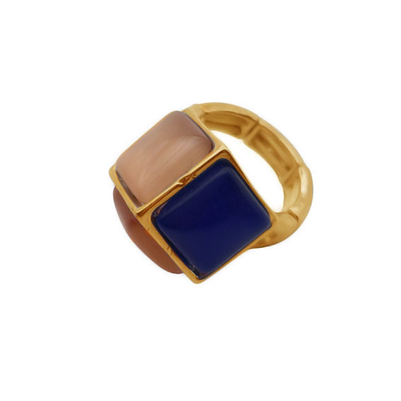 Anelli in Ottone su base Oro Con Pietre a forma di Cubo in Vetro Blu e Pesca con Elastico (ANOT034-BP)