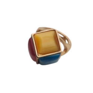 Anelli in Ottone su base Oro Con Pietre a forma di Cubo in Vetro Pesca  Blu e Rosa con Elastico (ANOT031-PB)