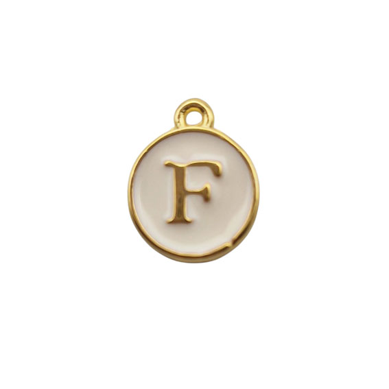 Ciondoli in Ottone Italiano Smaltate a Mano Lettera "F" su Sfondo Bianco 12mm (LTOT002-F)