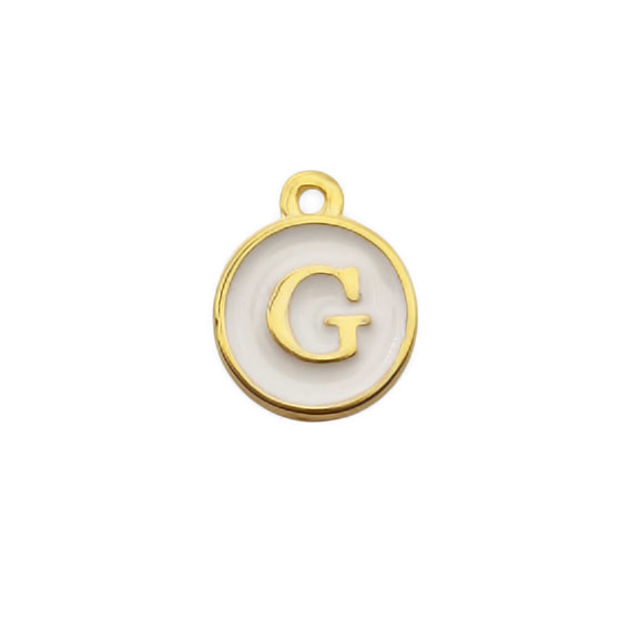 Ciondoli in Ottone Italiano Smaltate a Mano Lettera "G" su Sfondo Bianco 12mm (LTOT002-G)