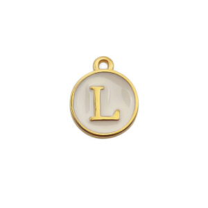 Ciondoli in Ottone Italiano Smaltate a Mano Lettera "L" su Sfondo Bianco 12mm (LTOT002-L)