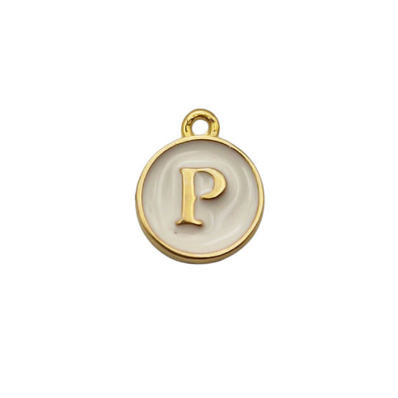 Ciondoli in Ottone Italiano Smaltate a Mano Lettera "P" su Sfondo Bianco 12mm (LTOT002-P)