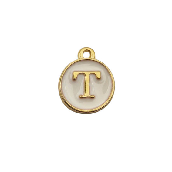 Ciondoli in Ottone Italiano Smaltate a Mano Lettera "T" su Sfondo Bianco 12mm (LTOT002-T)