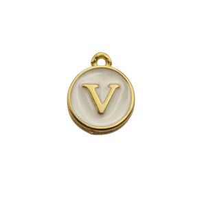 Ciondoli in Ottone Italiano Smaltate a Mano Lettera "V" su Sfondo Bianco 12mm (LTOT002-V)