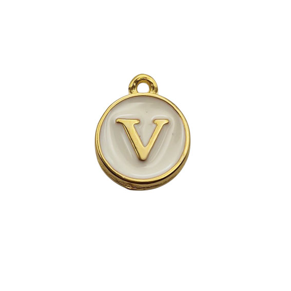 Ciondoli in Ottone Italiano Smaltate a Mano Lettera "V" su Sfondo Bianco 12mm (LTOT002-V)